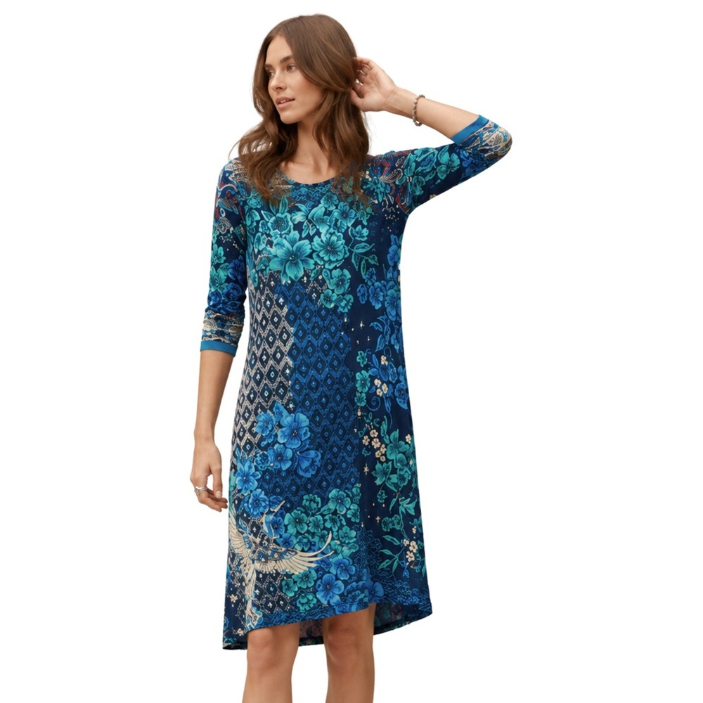 Johnny Was Dress XS Blueβ Lunamo Crane Floral Bamboo Spandex Jersey Knit Stretch